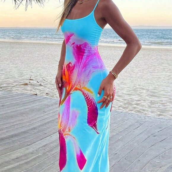 Women's Vacation floral Print Sexy Spaghetti Strap maxi Dress - Picture 1 of 3